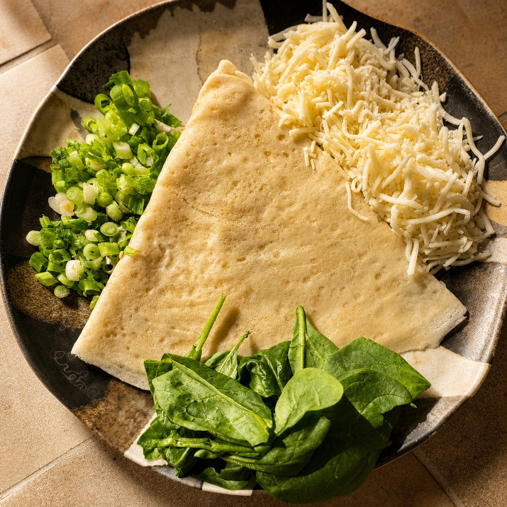 Cheese, Spinach and Mushrooms Crepe.