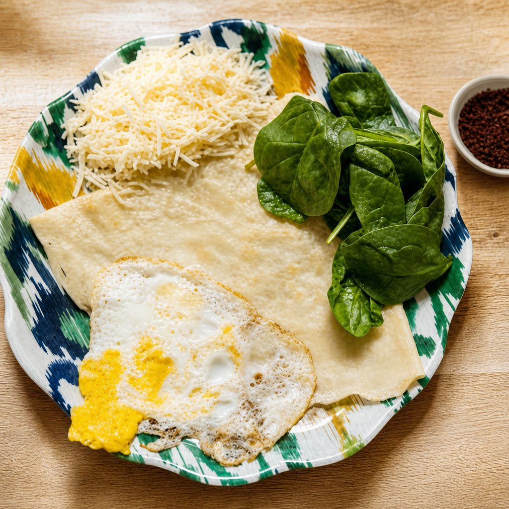 Cheese, Spinach and Egg Crepe.